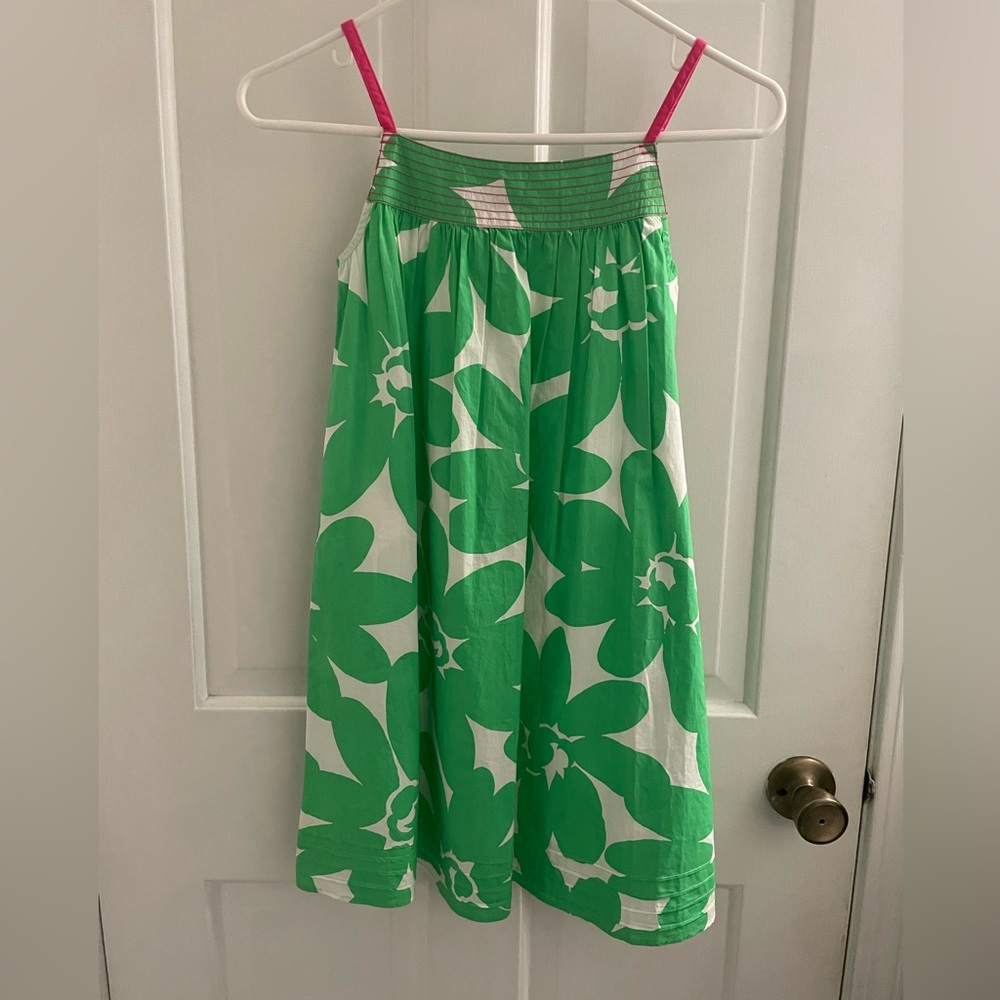 Mini Boden Girls’ Sundress | Size 9-10Y Green Floral Print with Pink Accents